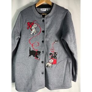 Blair Womens Medium Novelty Embroidered Cats Button Front Gray Christmas Sweater